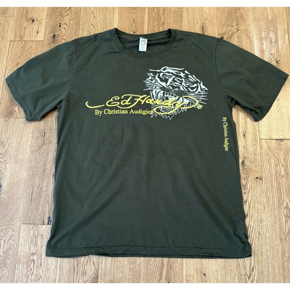Ed Hardy By Christian Audigier Tiger Rhinestone T Shirt Green XXL